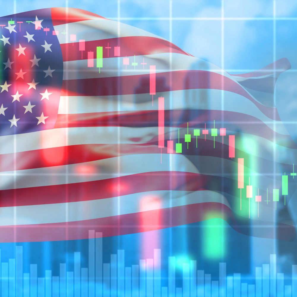 USA flag. Flag of America with fluctuating graph. Financial crisis quotes. Fall of USA economy. Crisis of financial system in united states. Falling US federal reserve rate. USA economy. 3d image